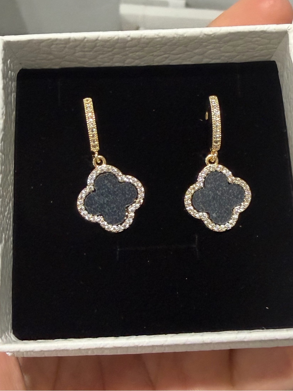 18k Gold Plated Black MarbleClover Drop Earrings with Crystal Halo